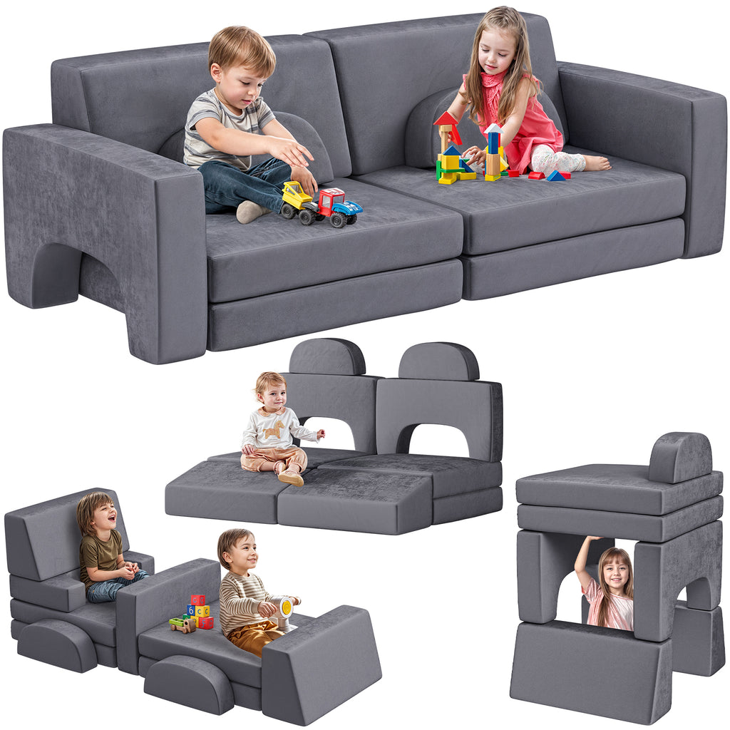 Modular Kids Play Couch, 10PCS Nugget Couch Kids for Boys and Girls, Child Sectional Sofa Versatile Kid Sofa for Playroom, Bedroom, Classroom, Grey