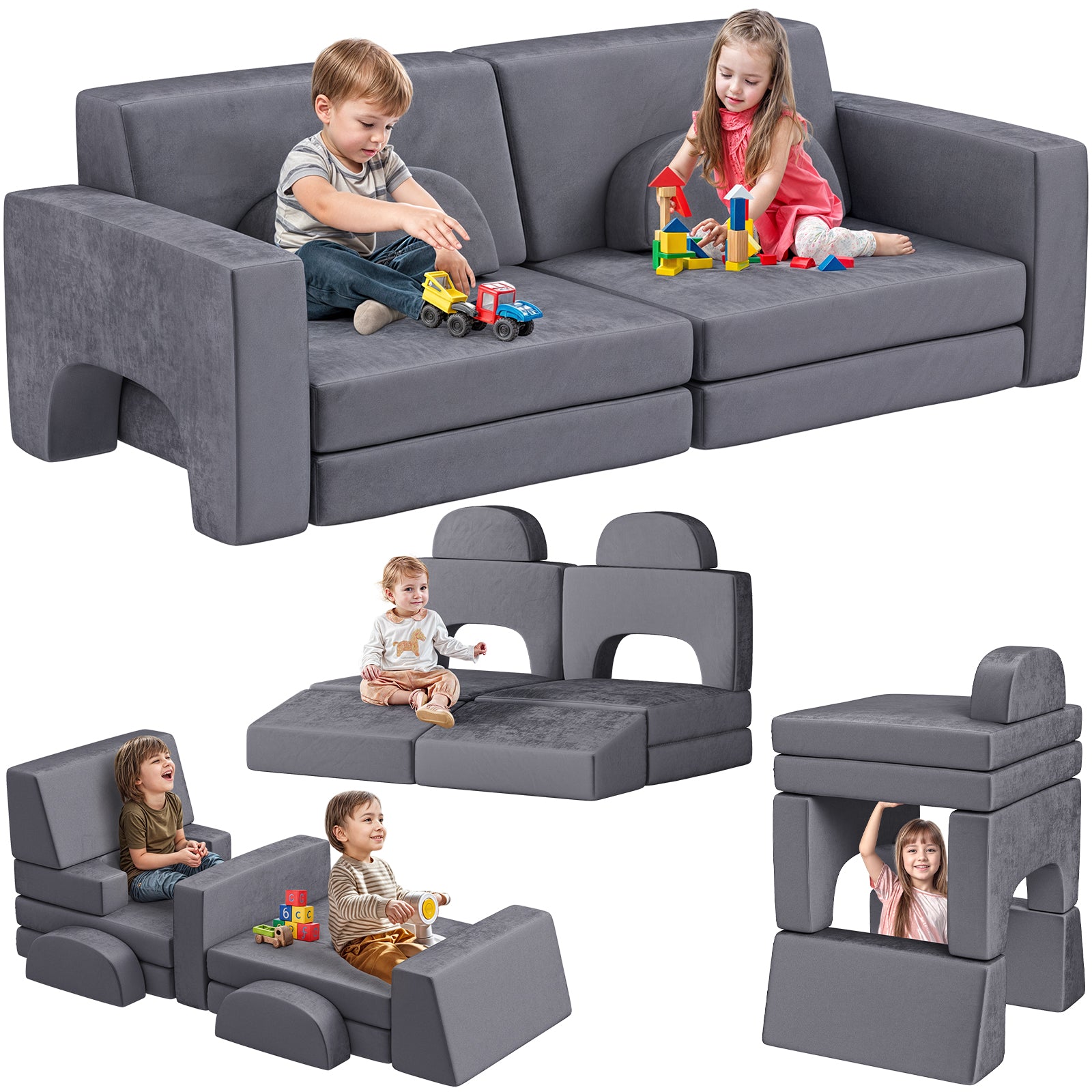 Modular Kids Play Couch, 10PCS Nugget Couch Kids for Boys and Girls, Child Sectional Sofa Versatile Kid Sofa for Playroom, Bedroom, Classroom, Grey