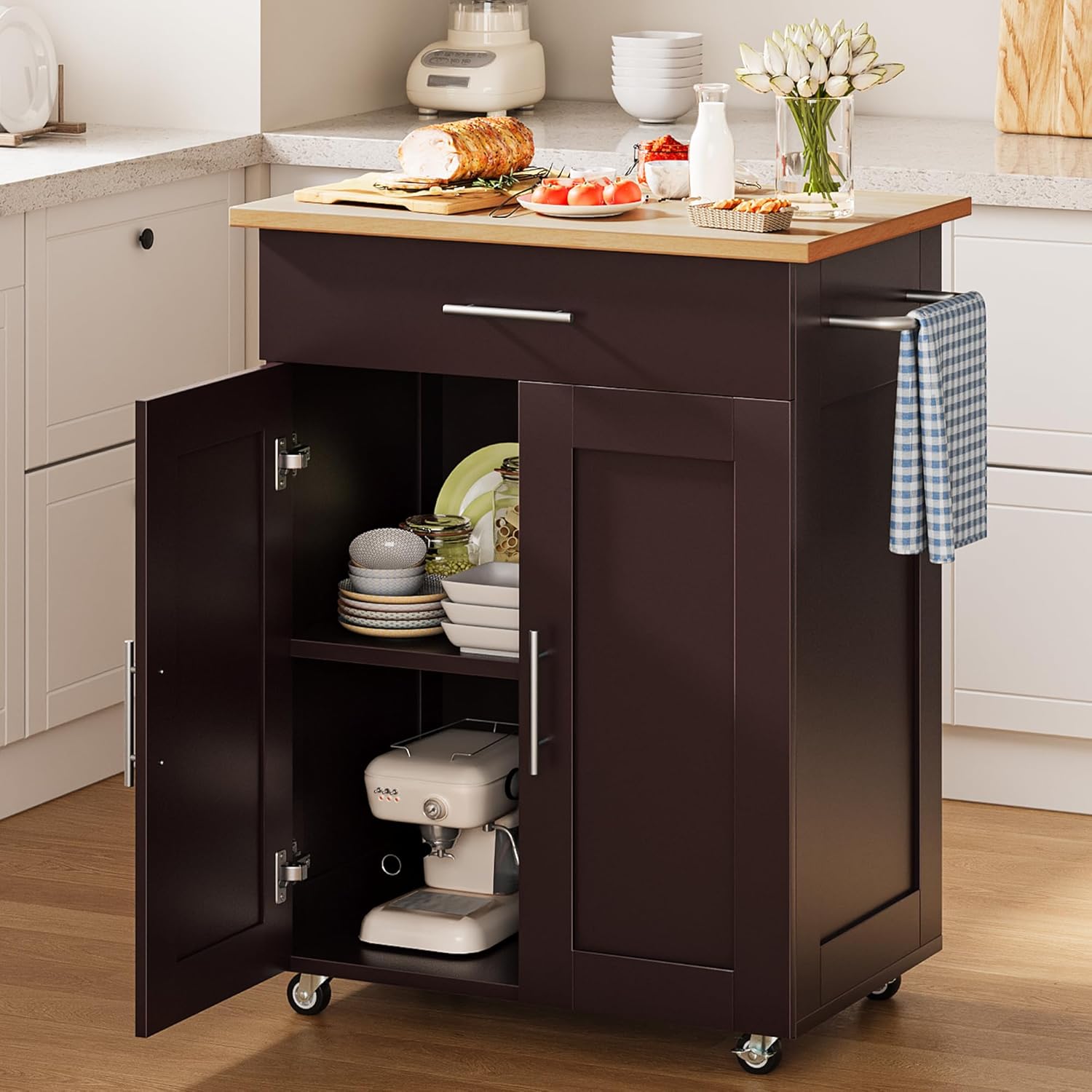 Kitchen Island Cart with Storage, Small Kitchen Island on Wheels with Large Drawer, Adjustable Shelf & Towel Rack, Rolling Island Table for Kitchen & Dining Room, Dark Coffee