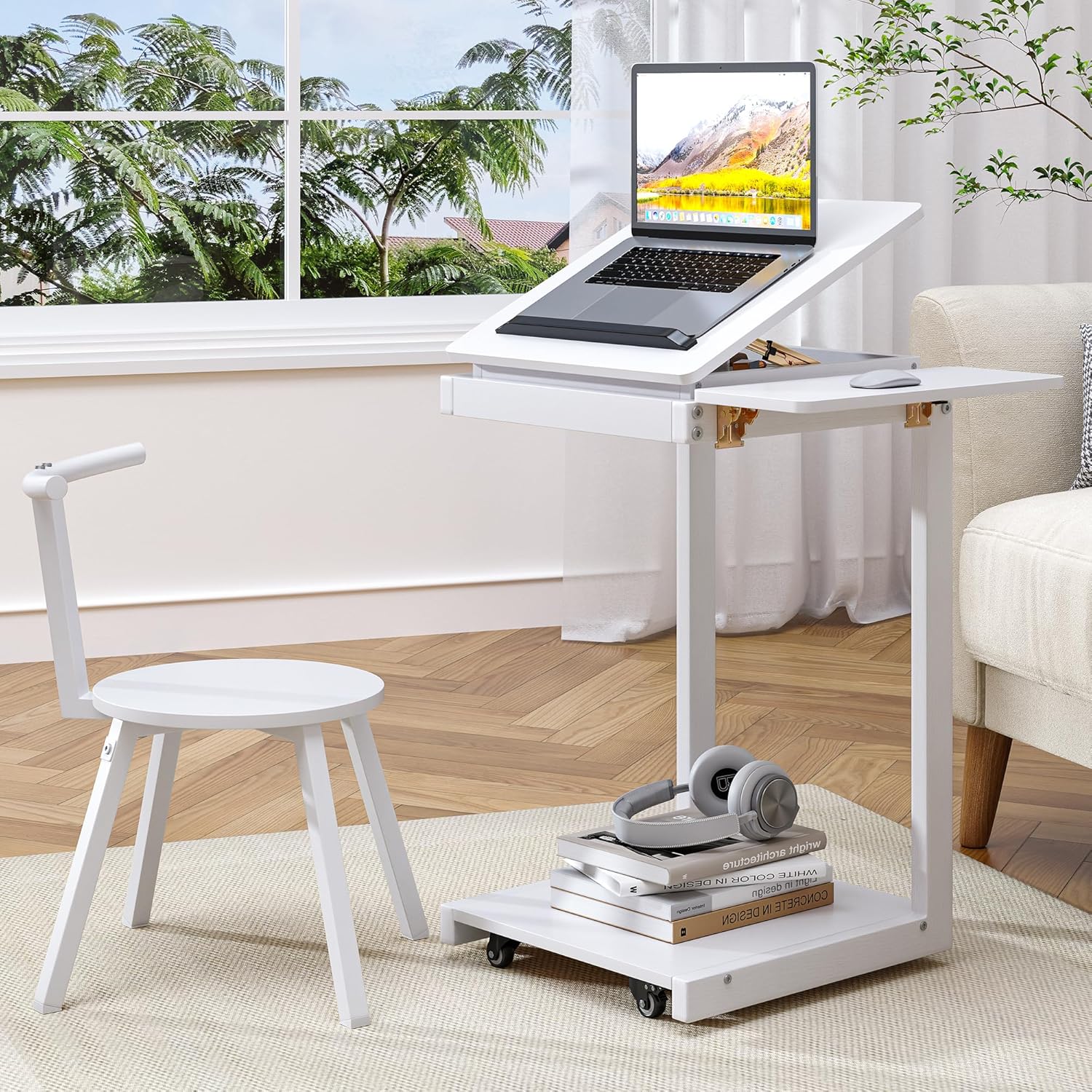 C Shaped End Table, Rolling Side Table with 4-Way Convertible Desktop, Wooden C Table with Multi-Functional Folding Tray & Small Chair, Side Table for Couch, Living Room, Bedroom, White