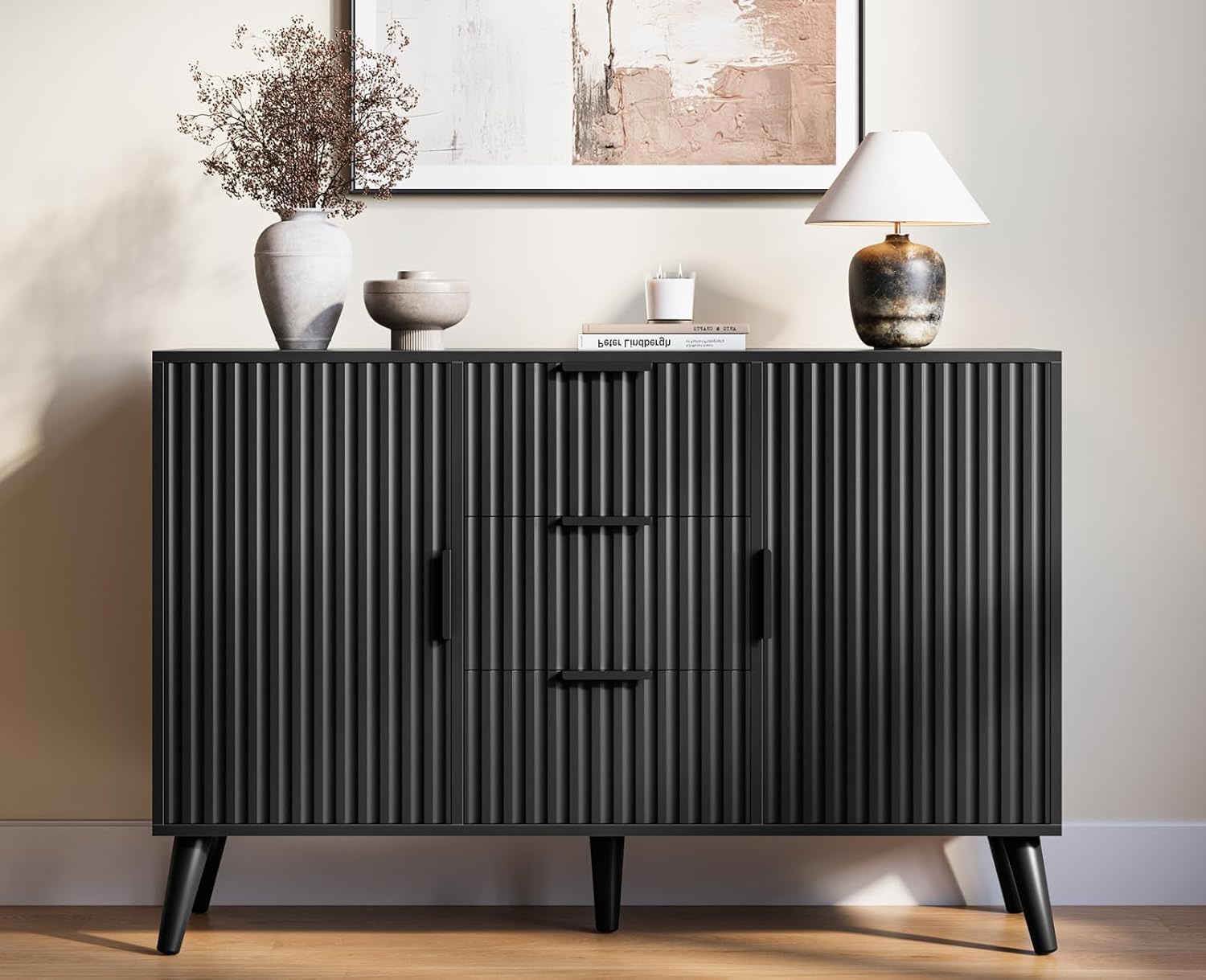 47" Black Sideboard Buffet Cabinet with 3 Drawers, Fluted Modern Buffet Cabinet with Storage, 2 Doors Sideboard Cabinets Accent Credenza for Dining Room|Living Room|Entryway