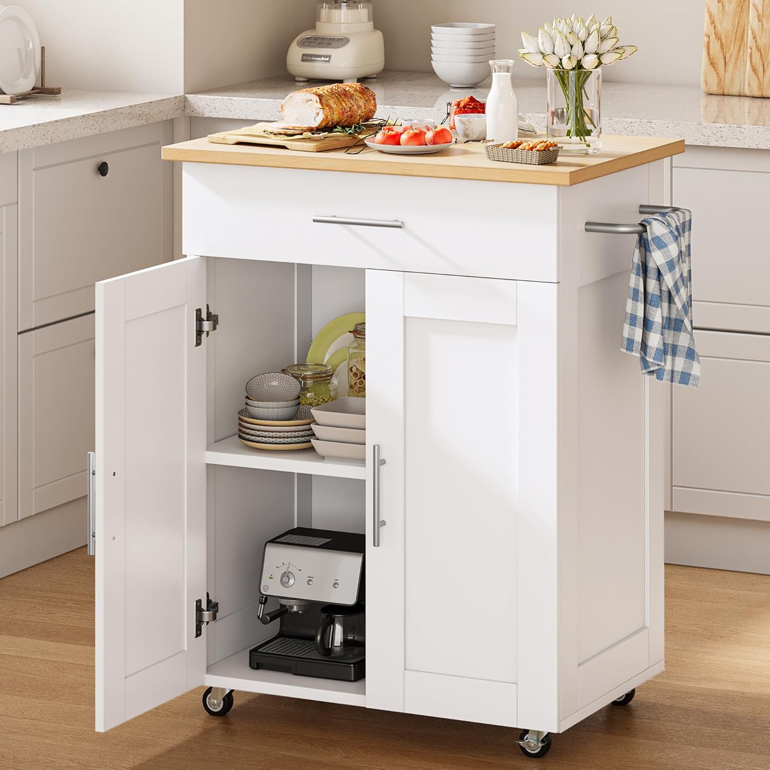 Kitchen Island Cart with Storage, Small Kitchen Island on Wheels with Large Drawer, Adjustable Shelf & Towel Rack, Rolling Island Table for Kitchen & Dining Room, White