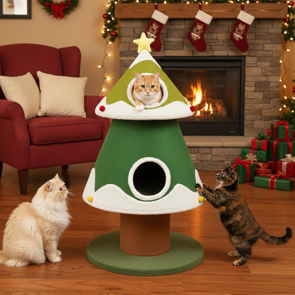 Christmas Cat Tree, 4 Cat House for Multi-Cat Households (Small)
