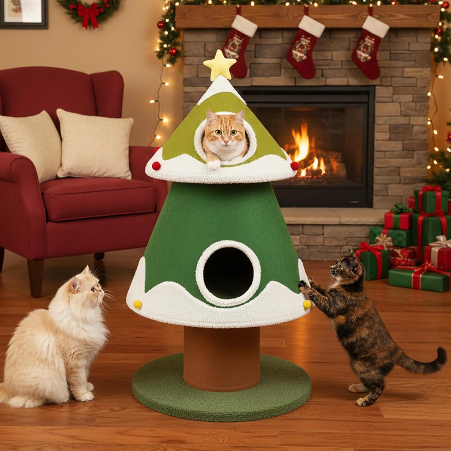Christmas Cat Tree, 4 Cat House for Multi-Cat Households (Small)