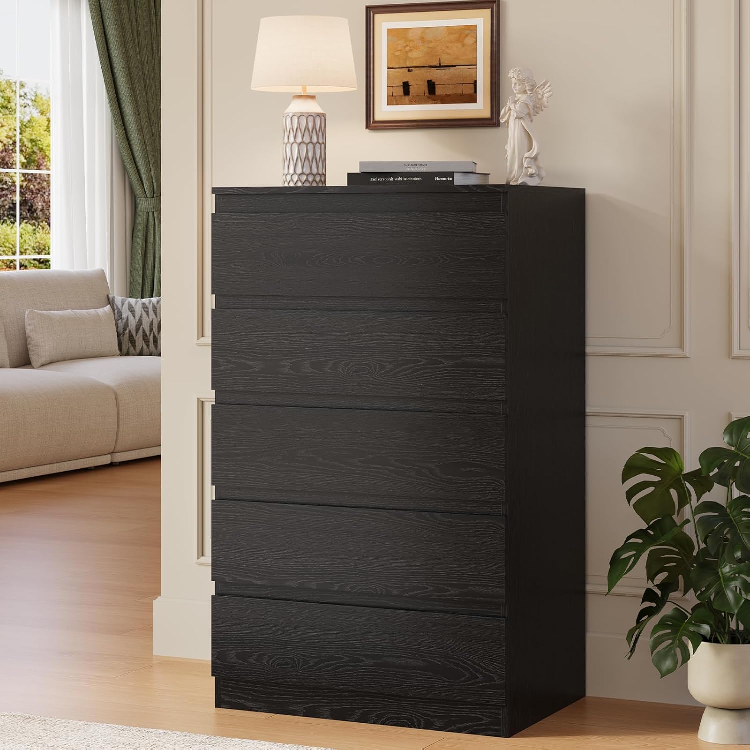 Black Wood Dresser for Bedroom, 5 Drawer for Clothes Storage, Modern Dresser with Wide Drawers, Wide Wooden Chest Drawers for Living Room, Entryway, TV Stand