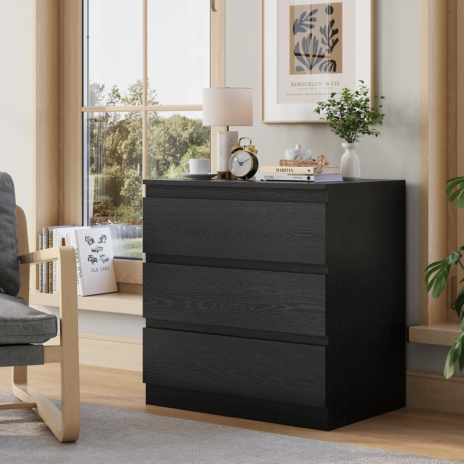 Black Wood Dresser for Bedroom, 3-Drawer Dresser for Clothes Storage, Modern Dressers with Wide Drawers, Wide Wooden Chest Drawers for Living Room, Entryway, TV Stand