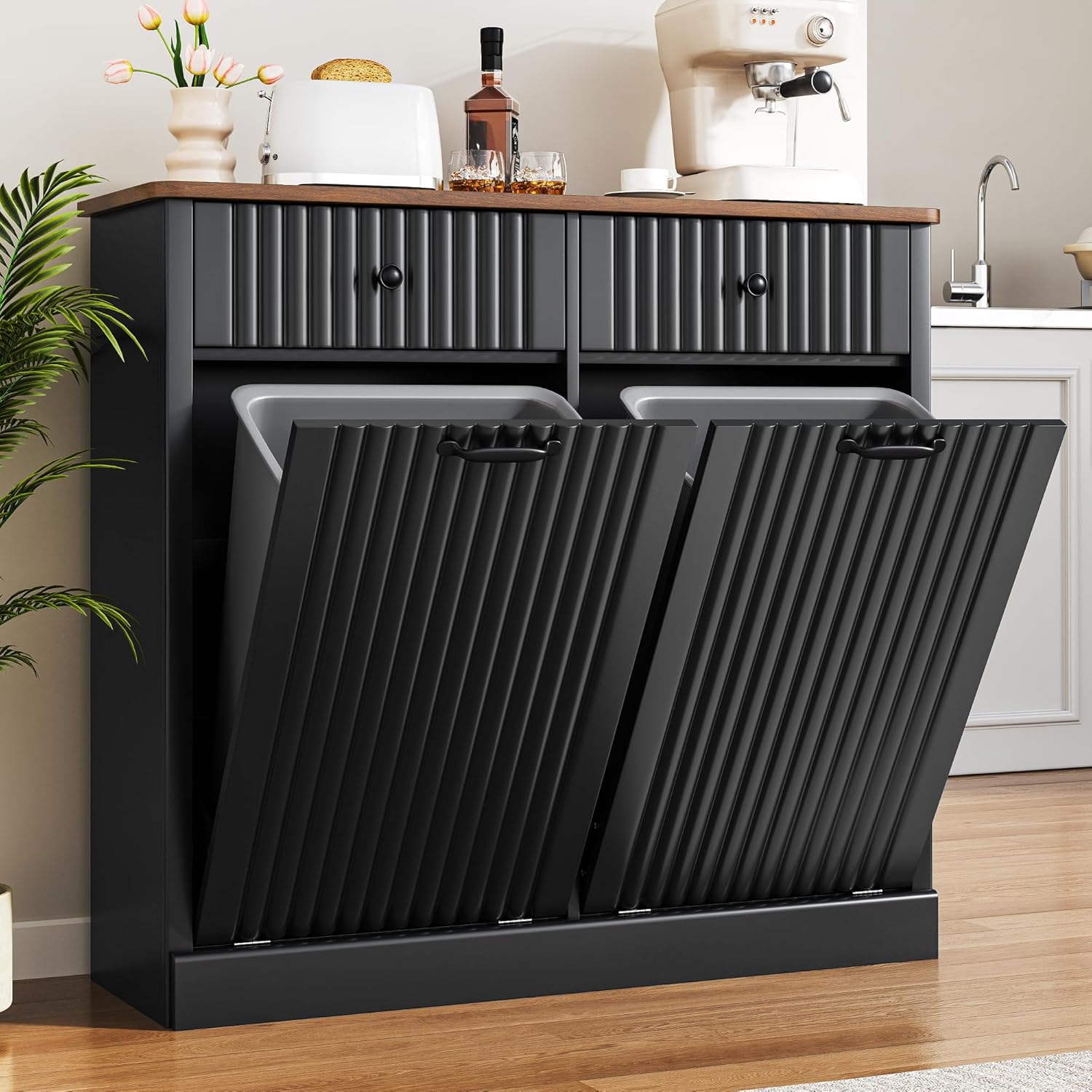 Double Tilt Out Trash Can Cabinet 20 Gallon Large Wooden, Free Standing Laundry Sorter with 2 Hideaway Drawer, 2 Doors Recycling Trash Can Storage for Kitchen Laundry (Black, 20 Gallon)