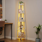 5-Tier Corner Shelf with LED Light, 70 Inch Display Shelf for Living Room, Bedroom, Bookshelf, Industrial Shelf, Plant Shelf (White, Ladder Corner Shelf)