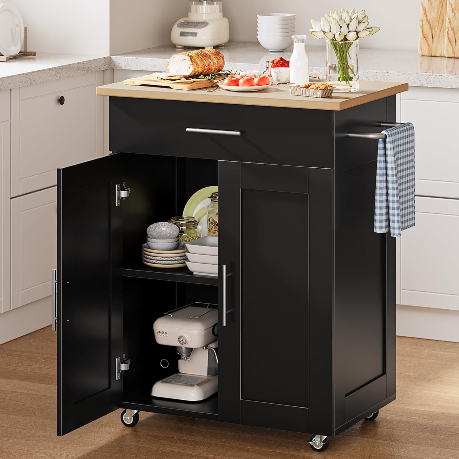 Kitchen Island Cart with Storage, Small Kitchen Island on Wheels with Large Drawer, Adjustable Shelf & Towel Rack, Rolling Island Table for Kitchen & Dining Room, Black