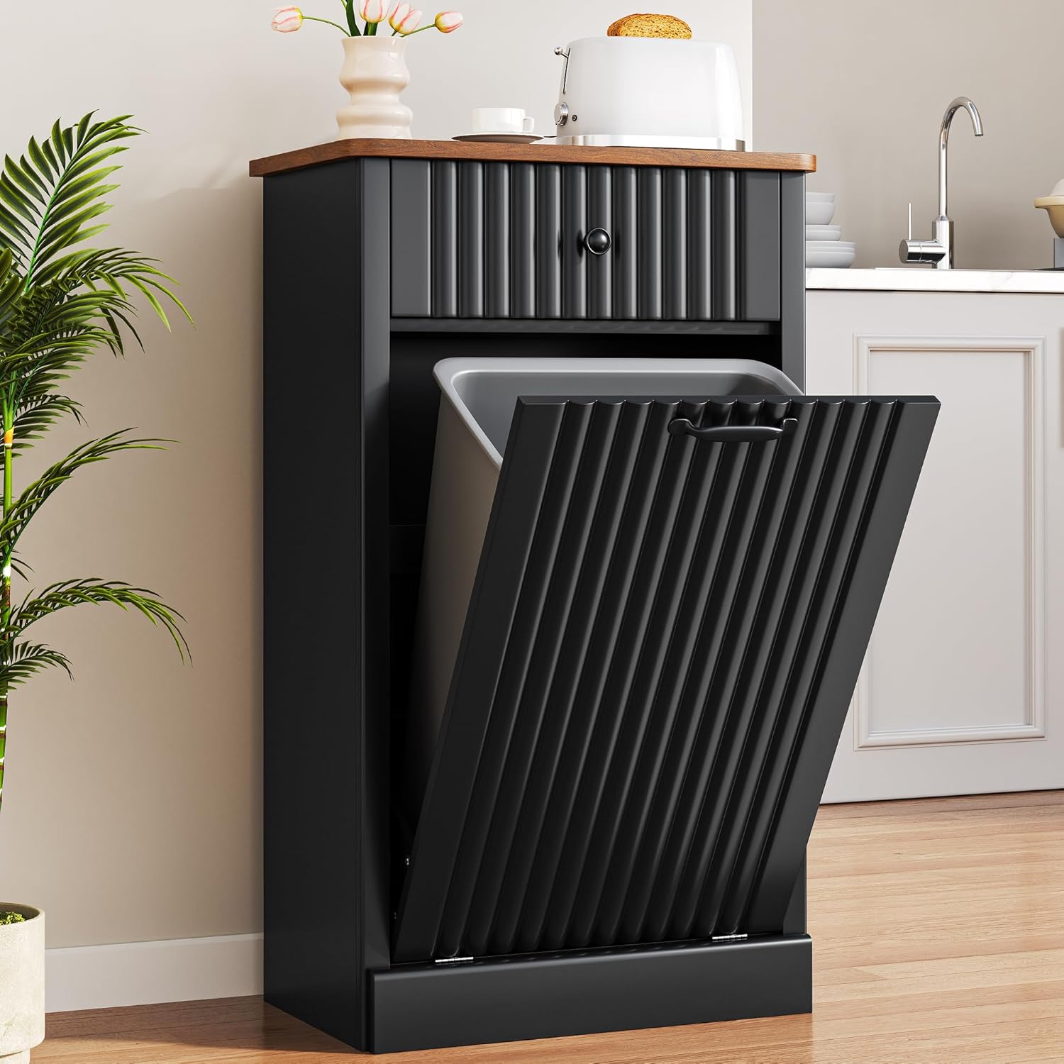 Tilt Out Trash Can Cabinet 10 Gallon, Wooden Laundry Hamper with Hideaway Drawer, Recycling Trash Can Storage for Kitchen Laundry Living Room (Black, 10 Gallon)
