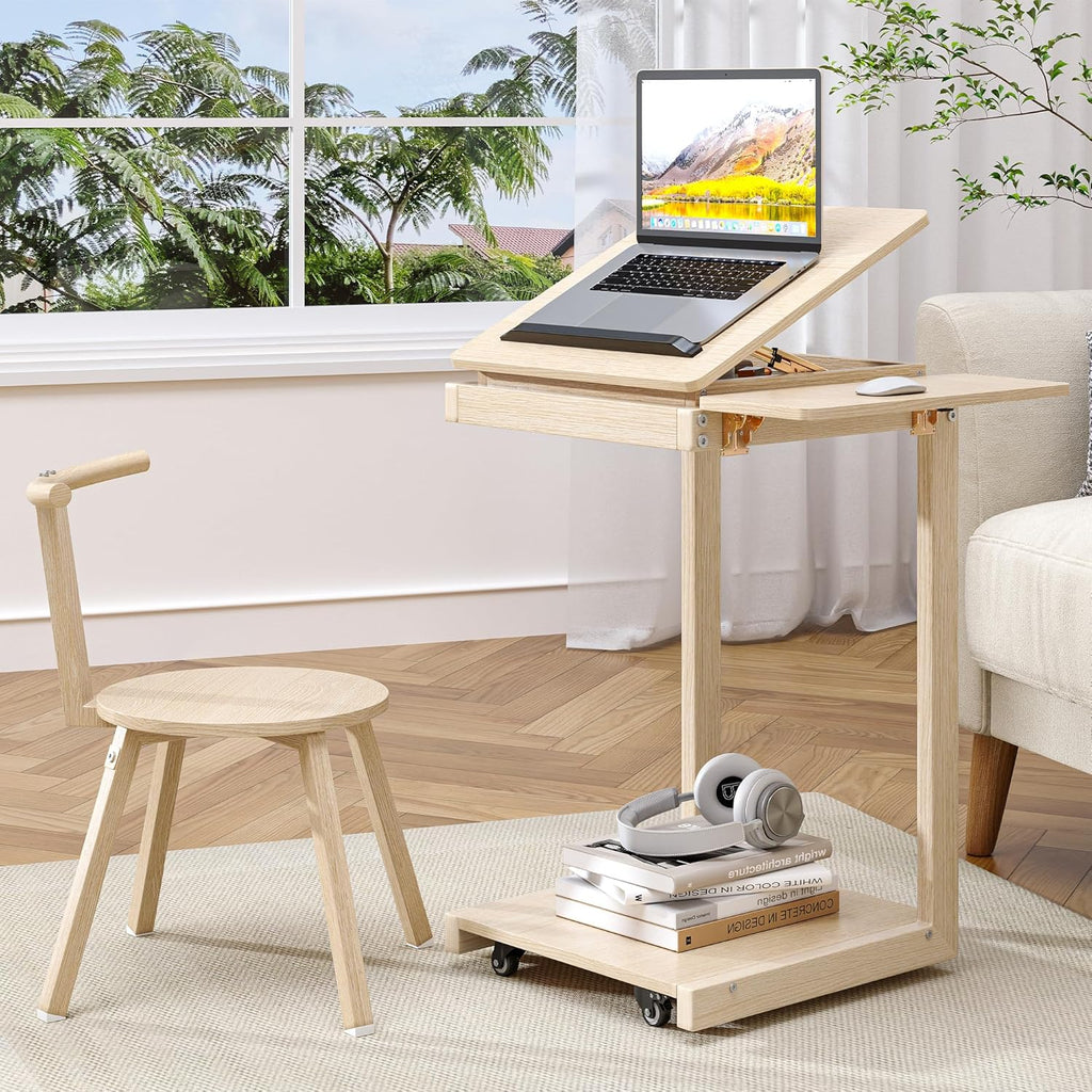 C Shaped End Table, Rolling Side Table with 4-Way Convertible Desktop, Wooden C Table with Multi-Functional Folding Tray & Small Chair, Living Room, Bedroom, White Oak