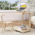 C Shaped End Table, Rolling Side Table with 4-Way Convertible Desktop, Wooden C Table with Multi-Functional Folding Tray & Small Chair, Living Room, Bedroom, White Oak