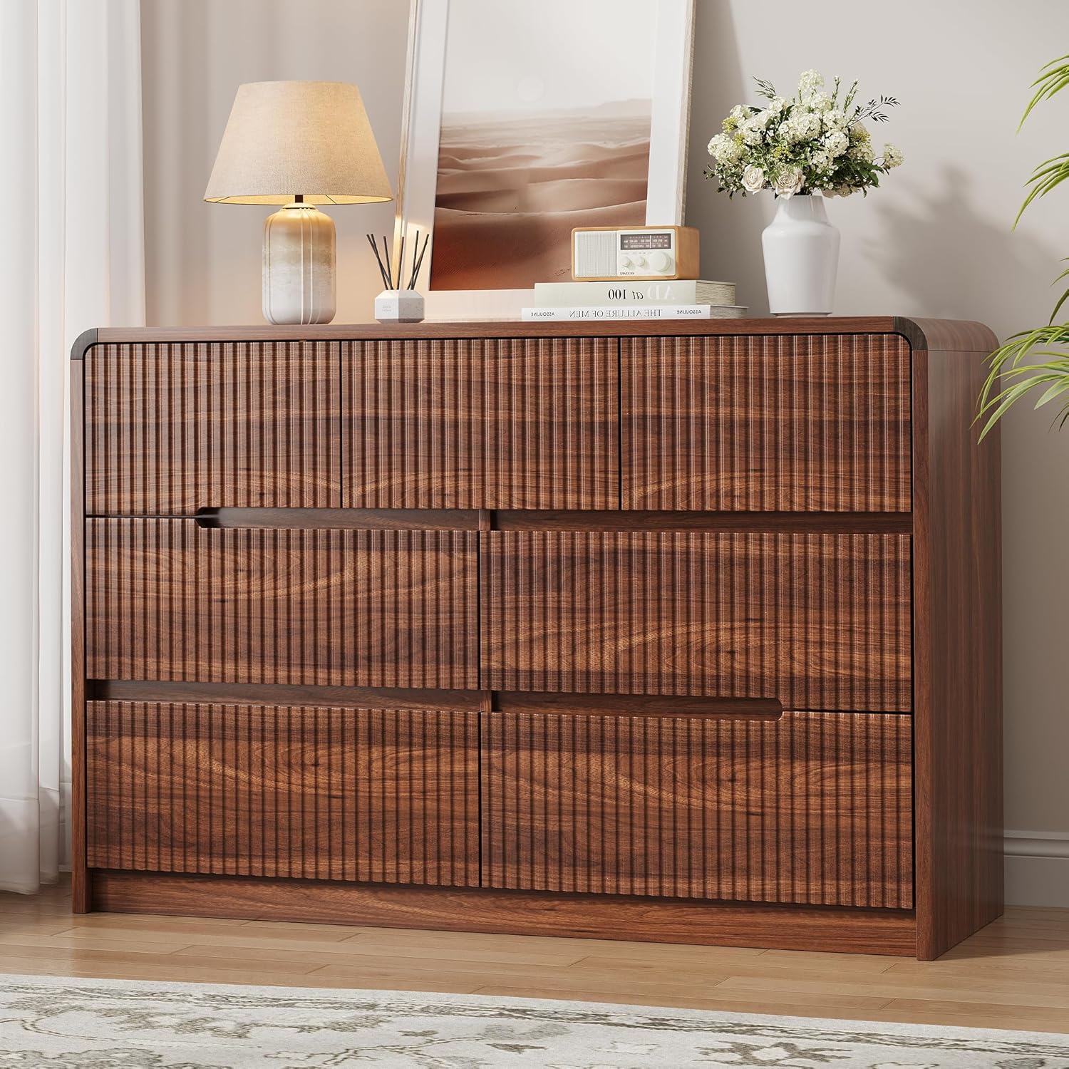 Fluted Dresser for Bedroom, 7 Drawer Dressers for Closet 48" Wide Large Wood Dresser Modern TV Stand, Wooden Clothes Storage Organizer Chest of Drawers for Living Room Hallway Entryway