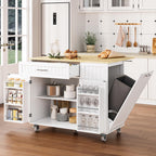 Kitchen Island with Storage, 31.5" D Rolling Kitchen Island Cart on Wheels with Widen Drop Leaf Rubberwood Top, Large Mobile Kitchen Islands with Trash Can Storage and Towel Bar, White