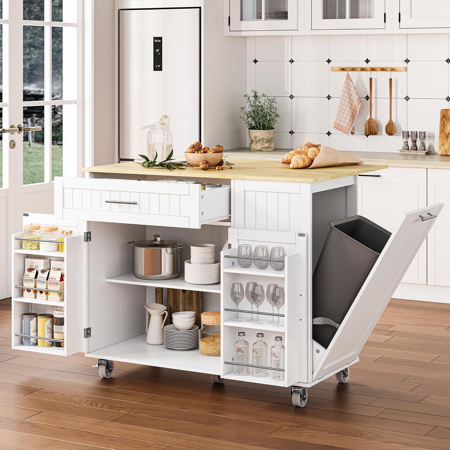 Kitchen Island with Storage, 31.5" D Rolling Kitchen Island Cart on Wheels with Widen Drop Leaf Rubberwood Top, Large Mobile Kitchen Islands with Trash Can Storage and Towel Bar, White