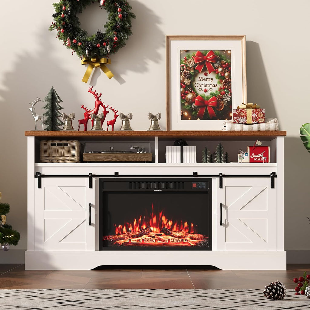 70 inch Fireplace TV Stand for Living Room, Electric Fireplace TV Stand with 12 Colors of 3D Flame & Heating, Entertainment Center with Storage Cabinet (White, Rustic Sliding)