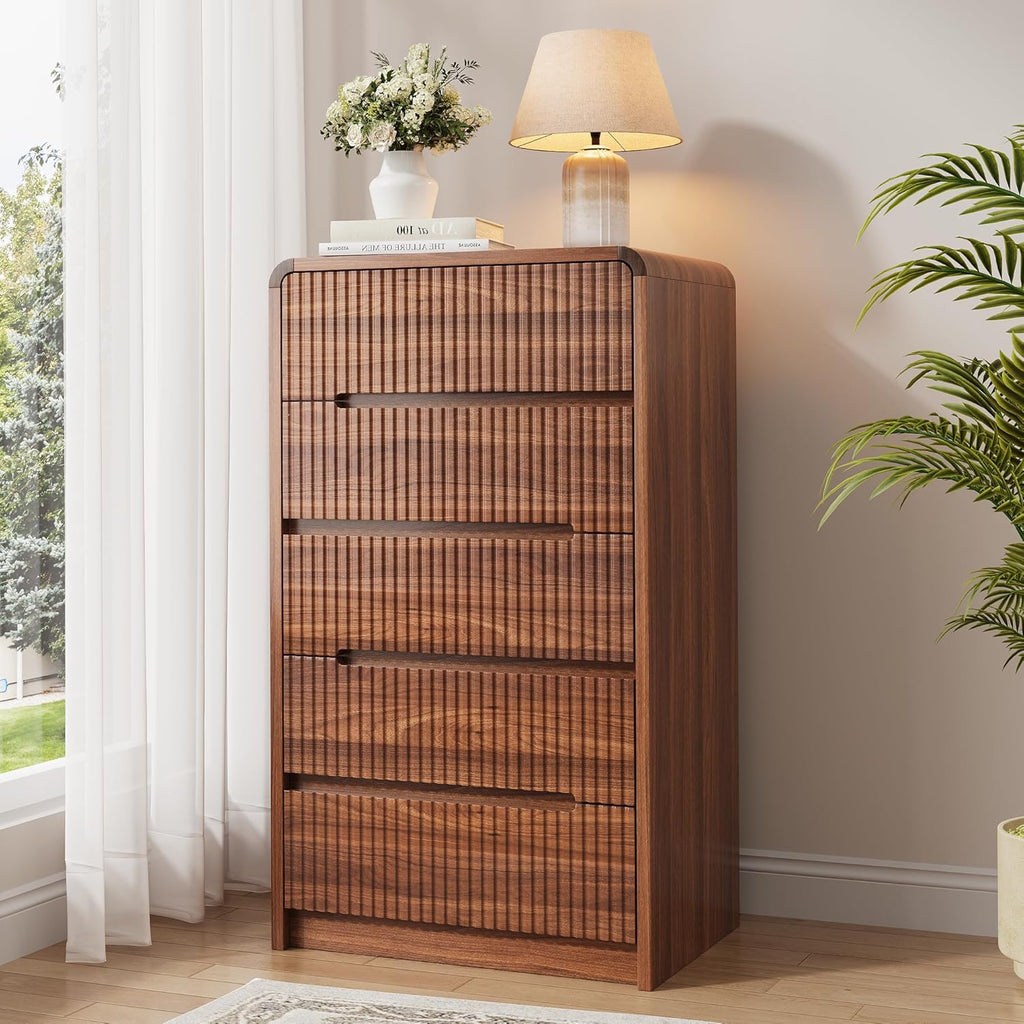 Fluted Dresser for Bedroom, 5 Drawer Dressers for Closet Small Wood Dresser Modern TV Stand, Wooden Clothes Storage Organizer Chest of Drawers for Living Room Hallway Entryway