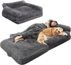 72" Foldable Human Dog Bed for Adults, Fluffy Faux Fur with Blanket, Orthopedic Washable Dog Bed with Memory Foam and Water Repellent Liner Extra Large Thick for Pet (Grey)