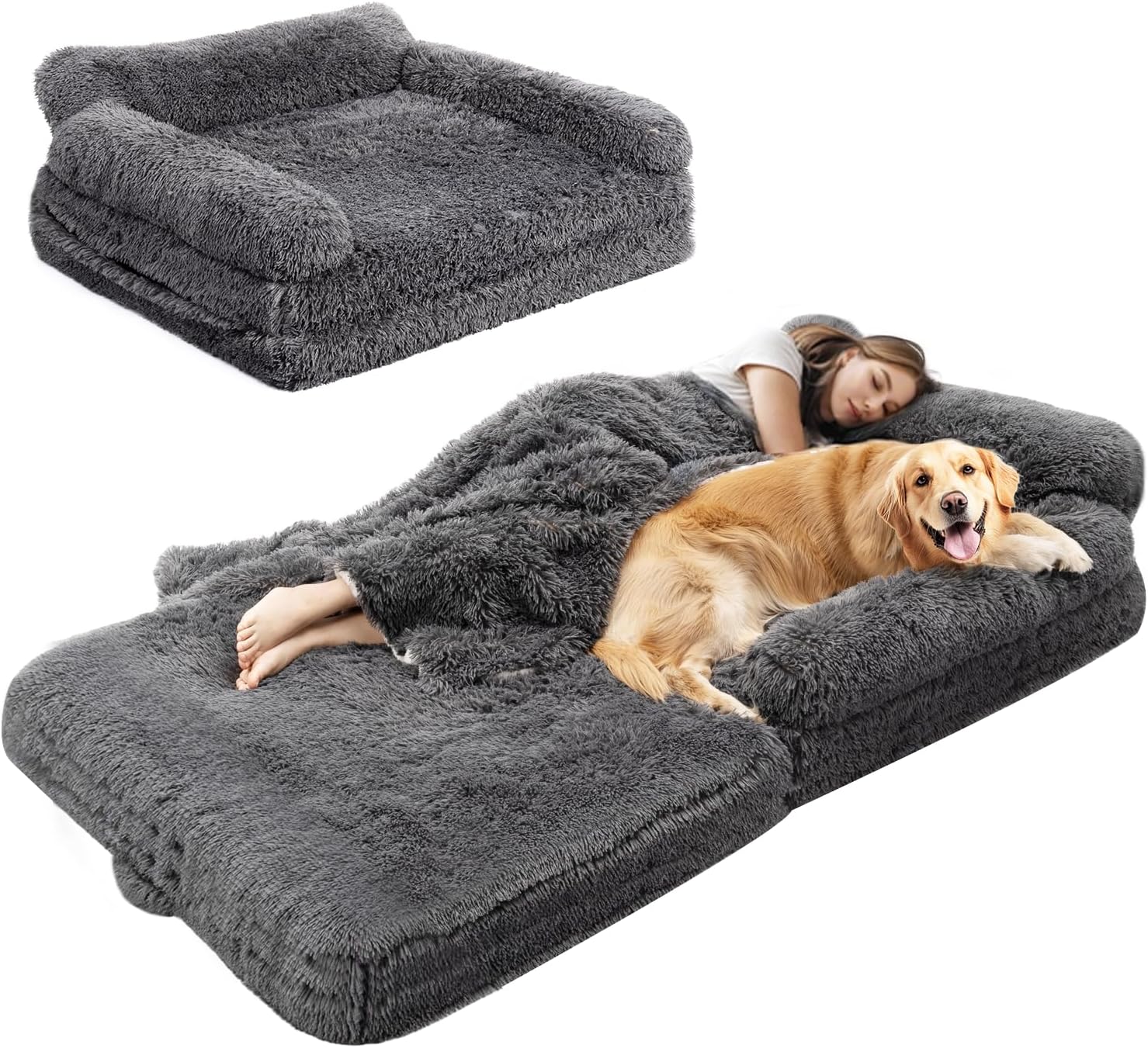 72" Foldable Human Dog Bed for Adults, Fluffy Faux Fur with Blanket, Orthopedic Washable Dog Bed with Memory Foam and Water Repellent Liner Extra Large Thick for Pet (Grey)