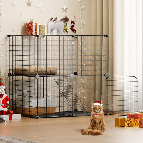2 Tier Kitten Cage with Climbing Ladder, Sturdy and Stable Metal Wire Cat Enclosure for Indoor Cats, DIY Crate for Ferret, Squirrel and Small Animals, Black