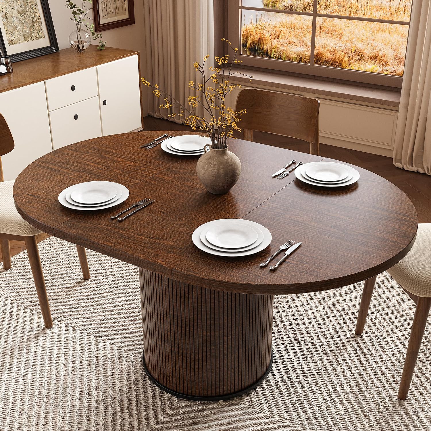 Extendable Dining Room Table Round Dining Table for 4 6 8, 43"-59" Modern Wood Kitchen Table with Removable Leaves Extendable Dinner Tables|Living Room|Small Space