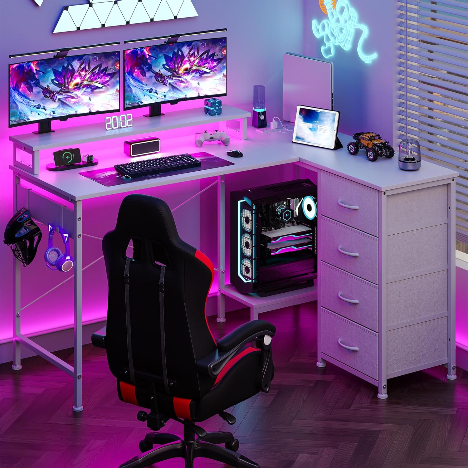 L Shaped Gaming Desk with 4 Drawers, 51" Reversible Computer Desk with Monitor Stand, Home Office Table with USB Port&LED Lights, L Shape Corner Office Desk with Open Shelves&Hooks, White