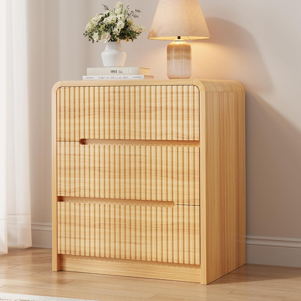 Fluted Dresser for Bedroom, 3 Drawer Dressers for Closet Small Wood Dresser Modern TV Stand, Wooden Clothes Storage Organizer Chest of Drawers for Living Room Hallway Entryway