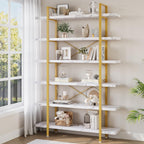 Heavy Duty 6-Tier Industrial Bookcase, 47" Wide Wood Bookshelf for Home Office, 120lbs Shelf Capacity, Open Shelving Display with Reinforced Horizontal Shelf for Living Room Bedroom, White