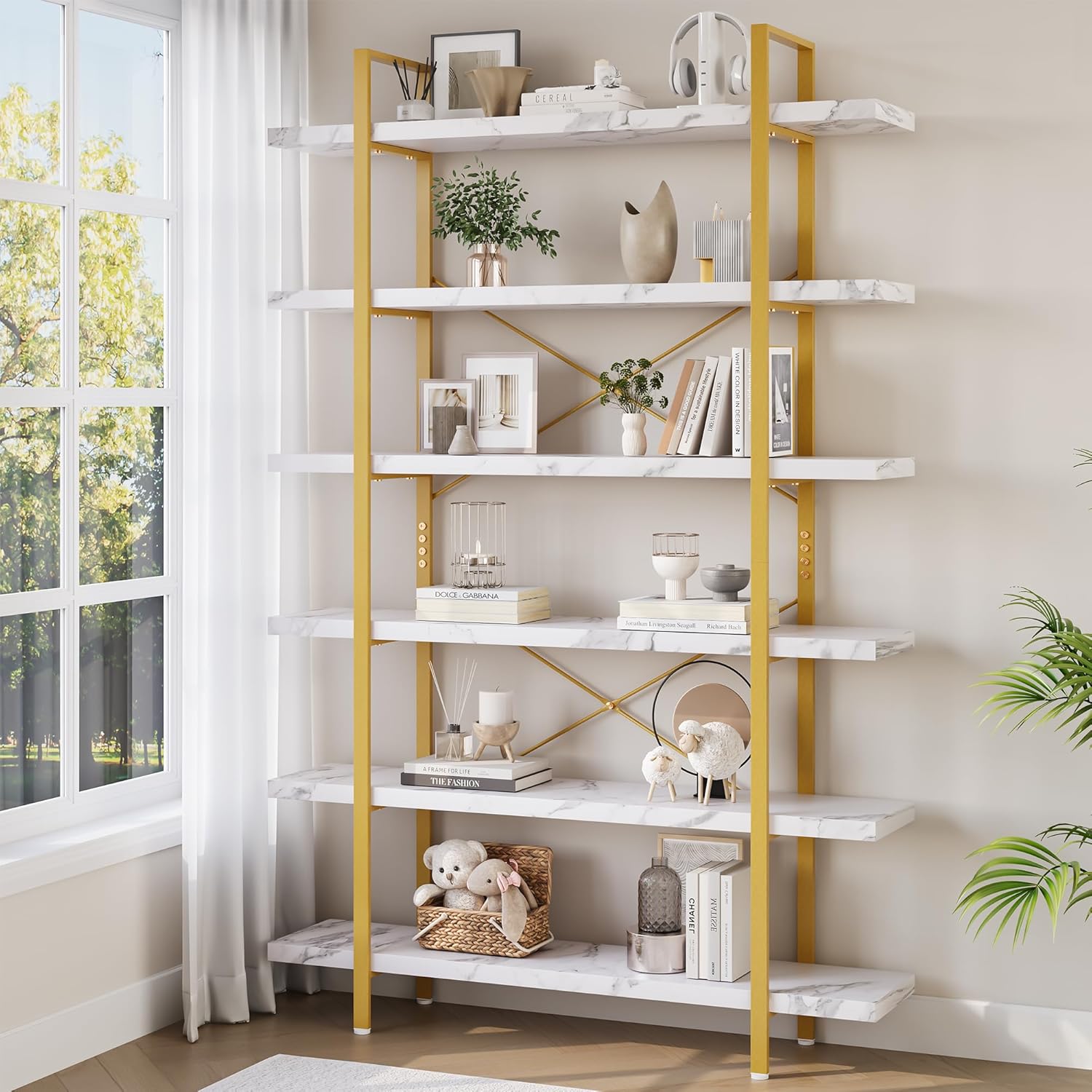 Heavy Duty 6-Tier Industrial Bookcase, 47" Wide Wood Bookshelf for Home Office, 120lbs Shelf Capacity, Open Shelving Display with Reinforced Horizontal Shelf for Living Room Bedroom, White