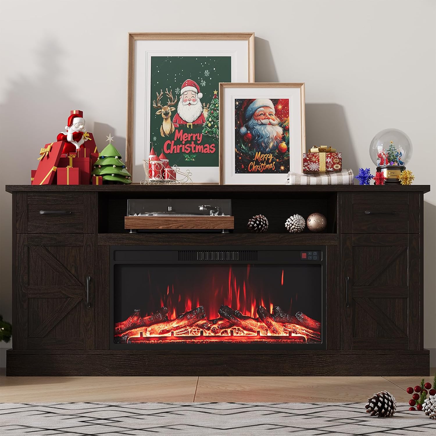 70 inch Fireplace TV Stand for Living Room, Electric Fireplace TV Stand with 12 Colors of 3D Flame & Heating, Entertainment Center with Storage Cabinet (Brown, Farmhouse)