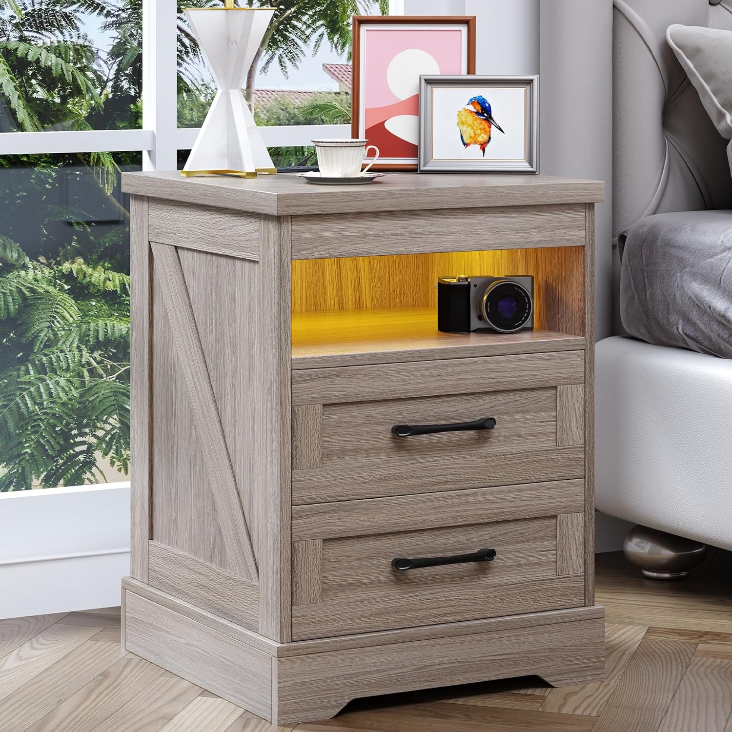 Farmhouse Nightstand with LED Lights and Built-in Power Outlets & USB Ports, Bedside Table with 2 Drawers and Open Storage Shelf, End Table for Bedroom, Grey