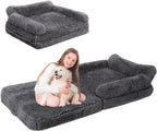 57" Foldable Human Dog Bed for Kids, Fluffy Faux Fur, Orthopedic Washable Dog Bed with Memory Foam and Water Repellent Liner Thick for Pet Installation Free (Grey)