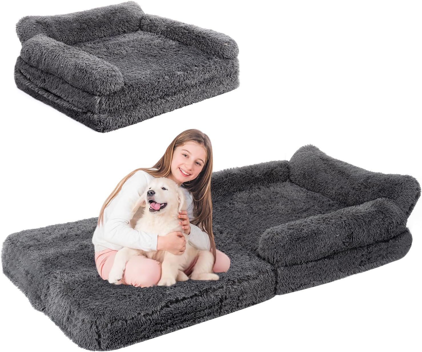 57" Foldable Human Dog Bed for Kids, Fluffy Faux Fur, Orthopedic Washable Dog Bed with Memory Foam and Water Repellent Liner Thick for Pet Installation Free (Grey)