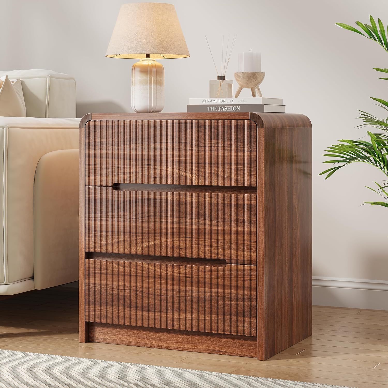 Fluted Dresser for Bedroom, 3 Drawer Dressers for Closet Small Wood Dresser Modern TV Stand, Wooden Clothes Storage Organizer Chest of Drawers for Living Room Hallway Entryway