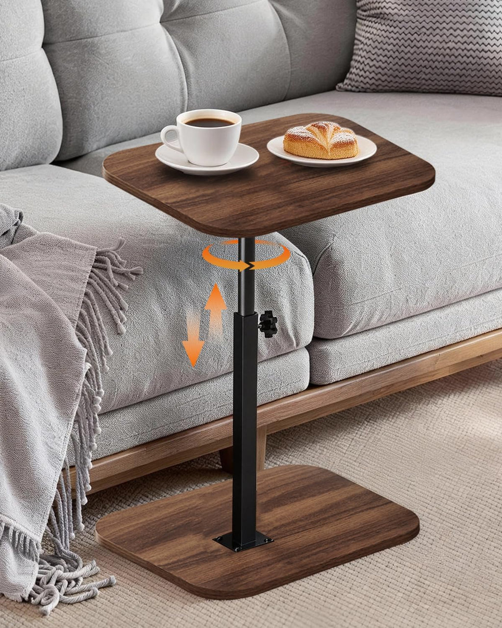 C Shaped End Table with Adjustable Height & 360° Swivel Top, Side Table & TV Tray Table for Living Room, Bedroom, Small Spaces, Walnut