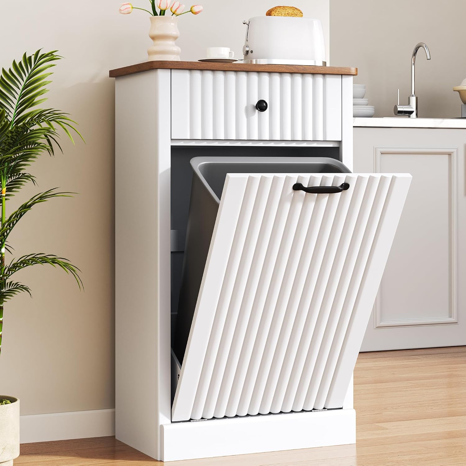 Tilt Out Trash Can Cabinet 10 Gallon, Wooden Laundry Hamper with Hideaway Drawer, Recycling Trash Can Storage for Kitchen Laundry Living Room (White, 10 Gallon)