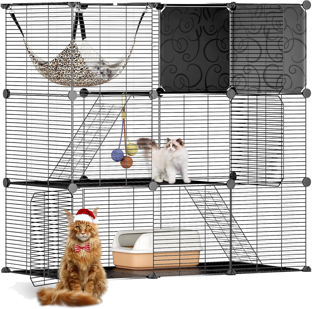 Cat Cages Indoor, 3 Tier Cat Enclosure, Cat Cage with Toy Ball and Cat Hammock for 2-3 Cats