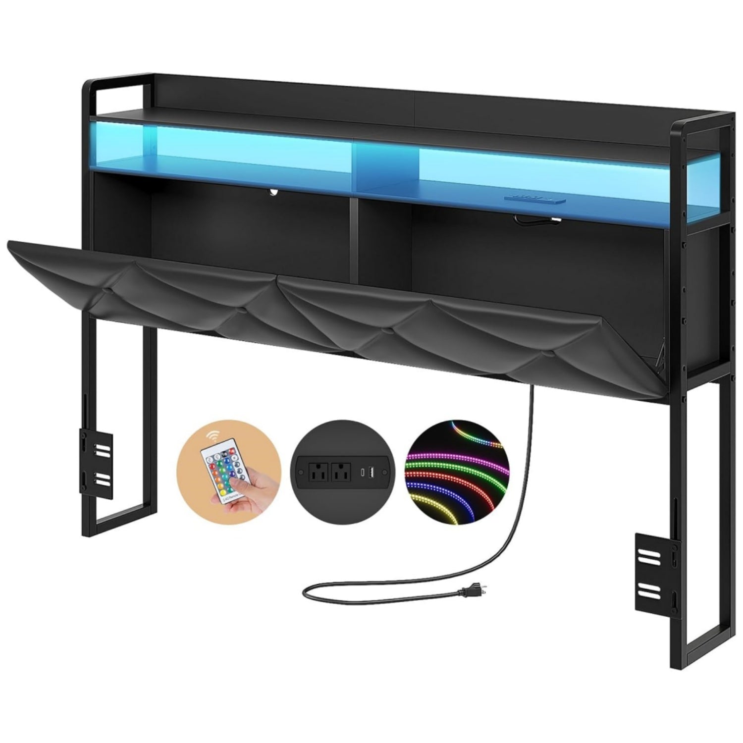 Headboard Queen Size with 2-Tier Open Space and Pull-Out Hidden Storage, Upholstered Headboard with Charging Station, Height Adjustable Sturdy Queen Bed Head Only, Easy Assembly, Black