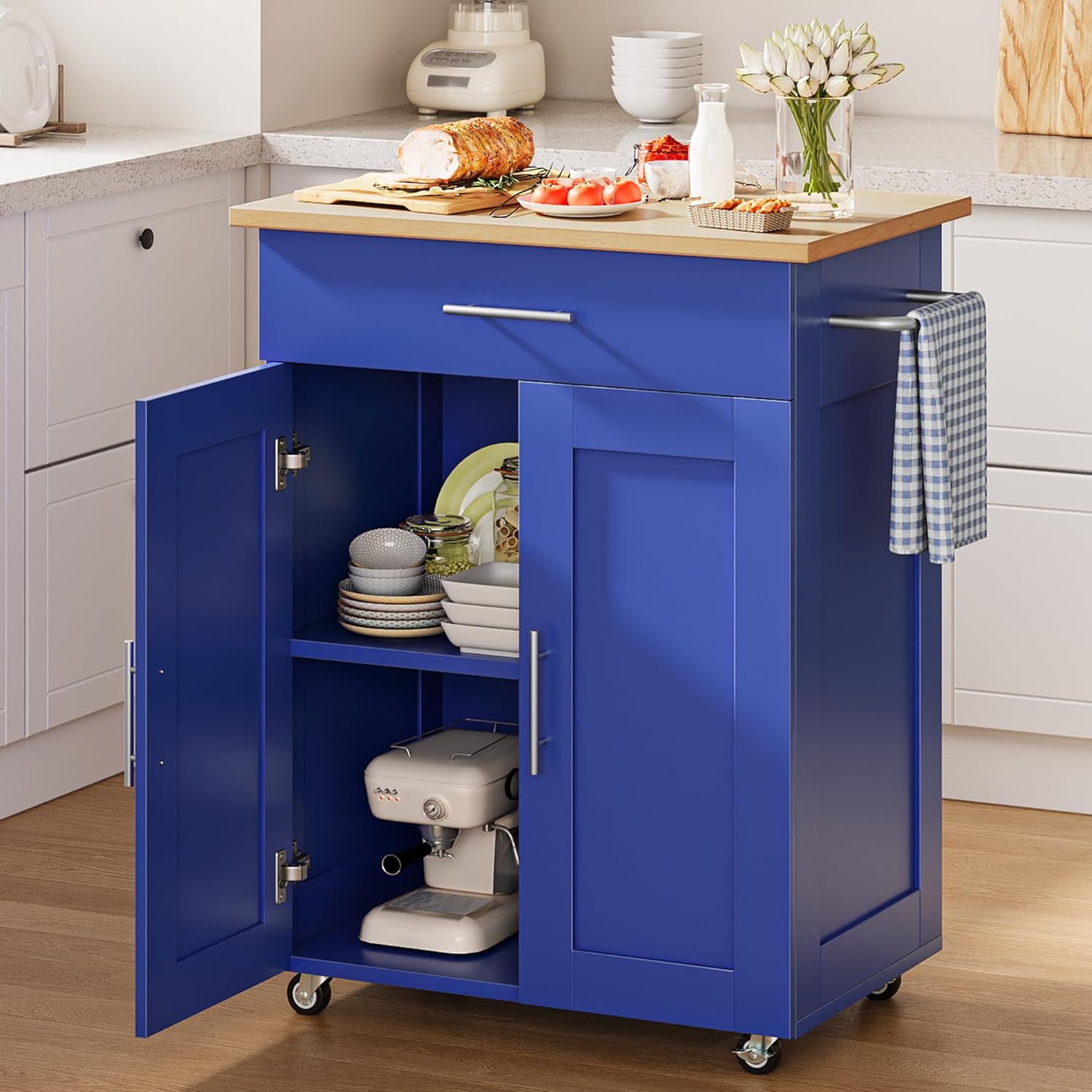 Kitchen Island Cart with Storage, Small Kitchen Island on Wheels with Large Drawer, Adjustable Shelf & Towel Rack, Rolling Island Table for Kitchen & Dining Room, Blue