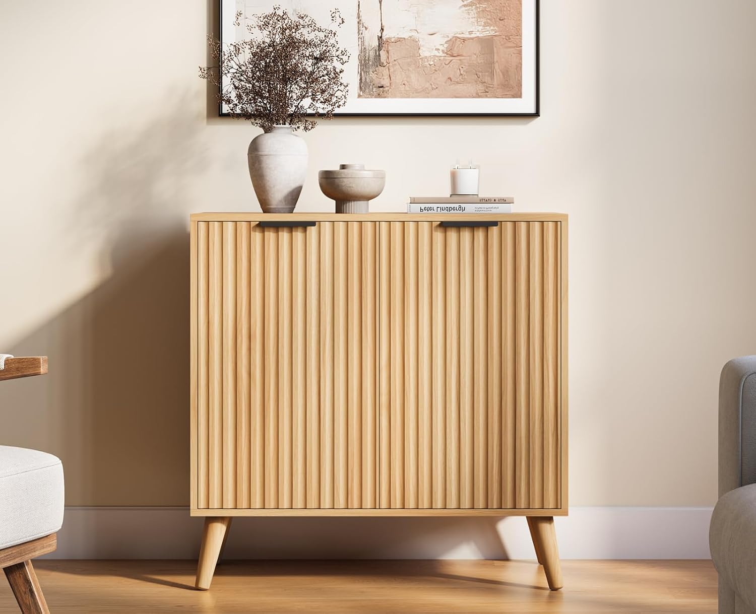 Fluted Sideboard Buffet Cabinet with Storage, Modern Sideboard Cabinet for Dining Room, Accent Credenza with Adjustable Shelves 2 Doors Storage Cabinets for Living Room|Kitchen, Natural