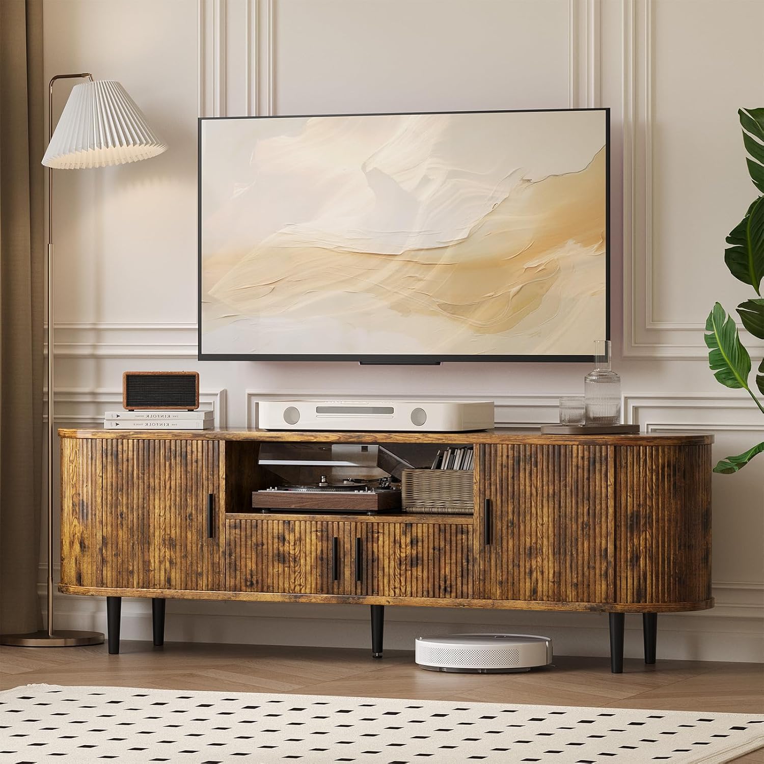 70" Fluted TV Stand, Mid Century Modern TV Stand for TVs up to 80", Entertainment Center with Storage, Adjustable Shelves, Wood Media Console for Living Room, Bedroom,Rustic Brown