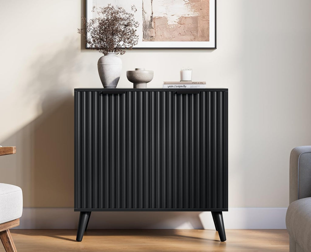 Fluted Sideboard Buffet Cabinet with Storage, Modern Sideboard Cabinet for Dining Room, Accent Credenza with Adjustable Shelves 2 Doors Storage Cabinets for Living Room|Kitchen, Black