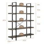 Heavy Duty 5-Tier Industrial Bookcase, 47" Wide Wood Bookshelf for Home Office, 120lbs Shelf Capacity, Rustic Shelving Display with Reinforced Horizontal Shelf for Living Room Bedroom,Grey