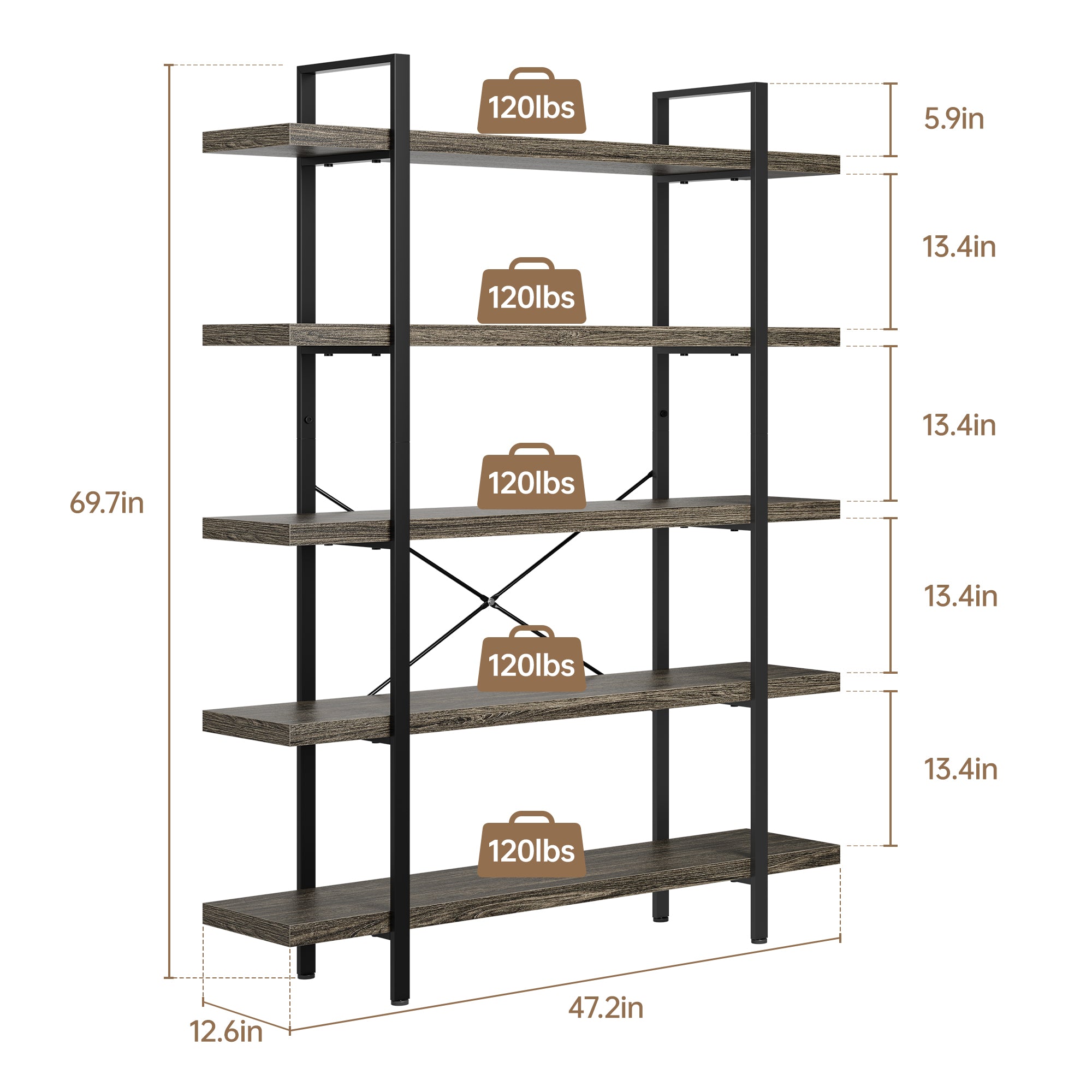 Heavy Duty 5-Tier Industrial Bookcase, 47" Wide Wood Bookshelf for Home Office, 120lbs Shelf Capacity, Rustic Shelving Display with Reinforced Horizontal Shelf for Living Room Bedroom,Grey