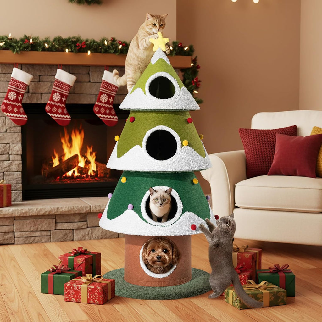 Christmas Cat Tree, 4 Cat House for Multi-Cat Households (Large)