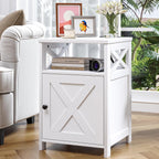 Farmhouse Nightstand with Charging Station and Barn Door, Bedside Table with Open Compartment and Storage, Side End Table for Bedroom, White