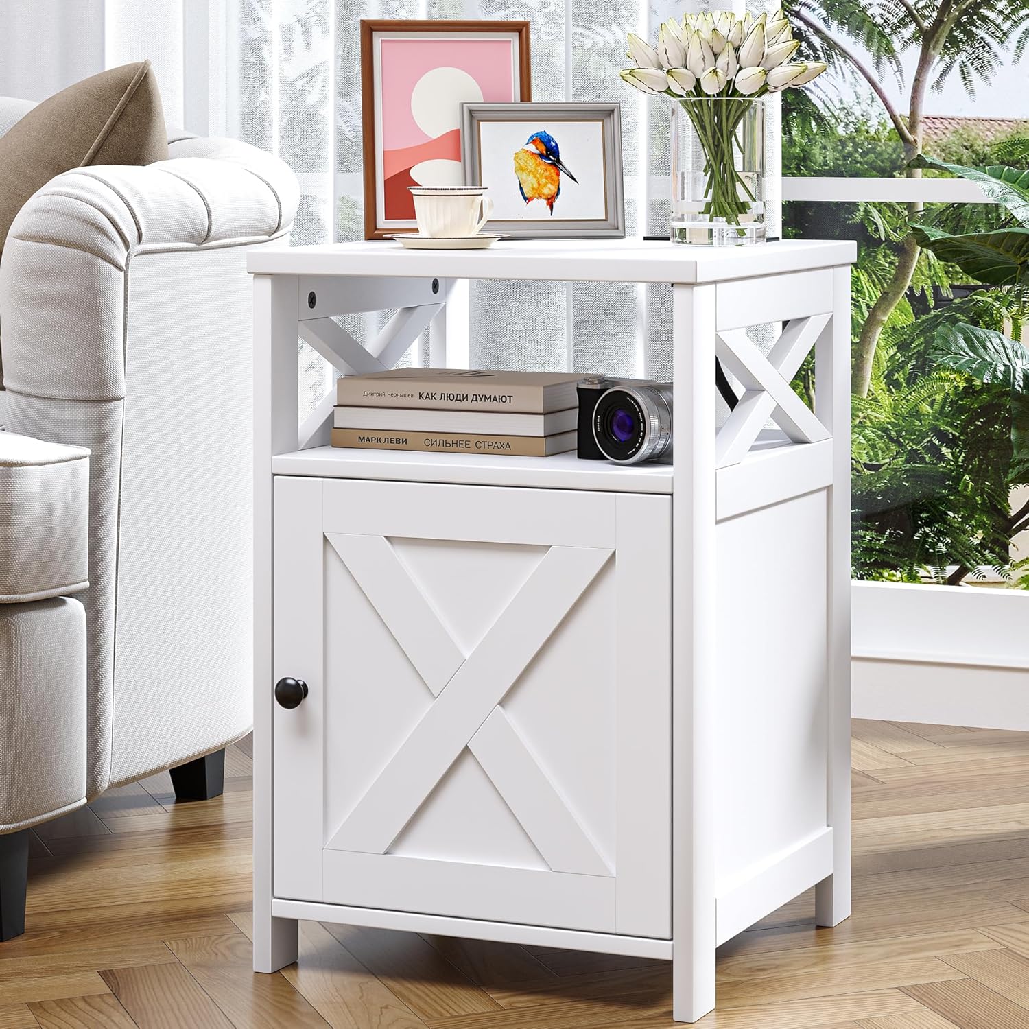 Farmhouse Nightstand with Charging Station and Barn Door, Bedside Table with Open Compartment and Storage, Side End Table for Bedroom, White