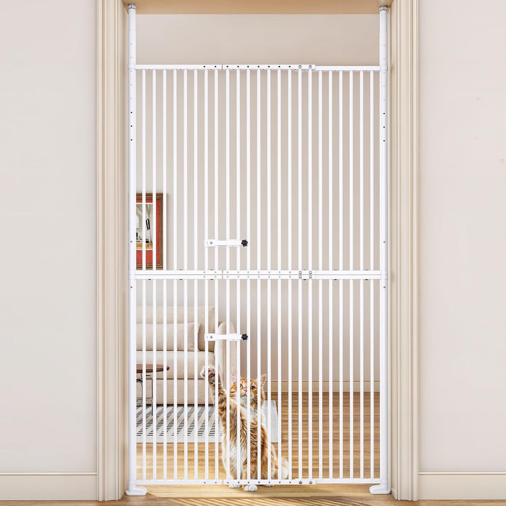 71'' Extra Tall Pet Gate, 31.5-43.3'' Extra Wide Cat Gate for Doorway, No Drilling, 1.37'' Extra Narrow Gap, Double Opening & Easy Lock, Cat Proof Gate Full Door