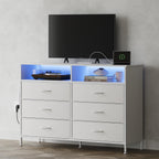 6 Drawer Dresser for Bedroom with LED Lights and Charging Station, Modern Wood Dressers with Extra Side Bag, Double Wide Drawer Cabinet TV Stand for up to 60" TV for Living Room (White)