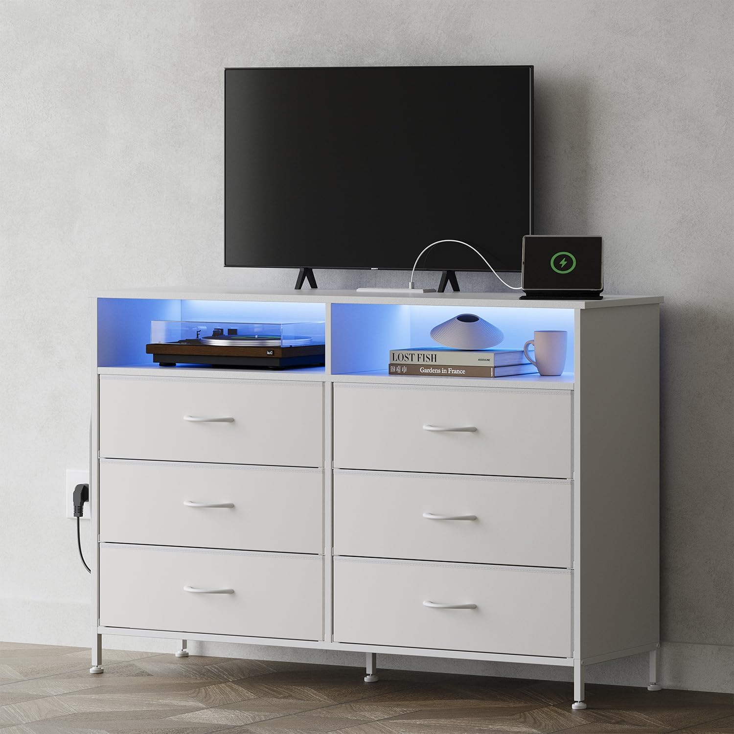 6 Drawer Dresser for Bedroom with LED Lights and Charging Station, Modern Wood Dressers with Extra Side Bag, Double Wide Drawer Cabinet TV Stand for up to 60" TV for Living Room (White)